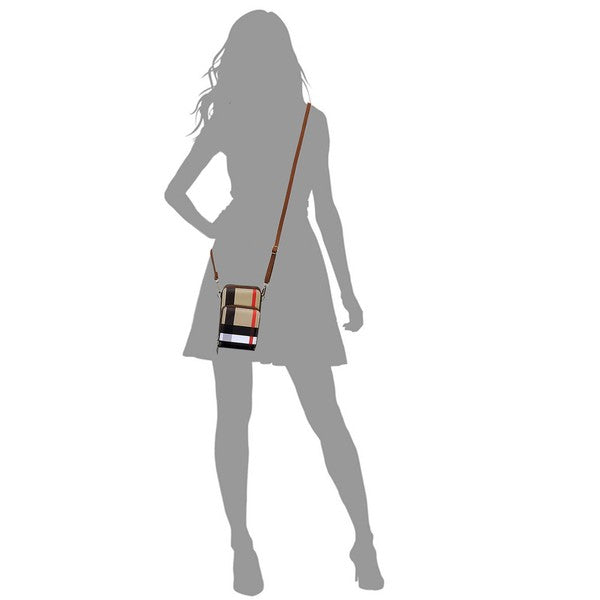 Babe Beachwear plaid crossbody bag for women with adjustable brown strap worn by silhouette model
