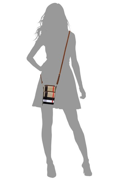 Babe Beachwear plaid crossbody bag for women with adjustable brown strap worn by silhouette model