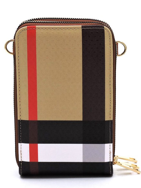 Babe Beachwaer plaid crossbody bag for women with beige, black, red, and white stripes and gold zipper