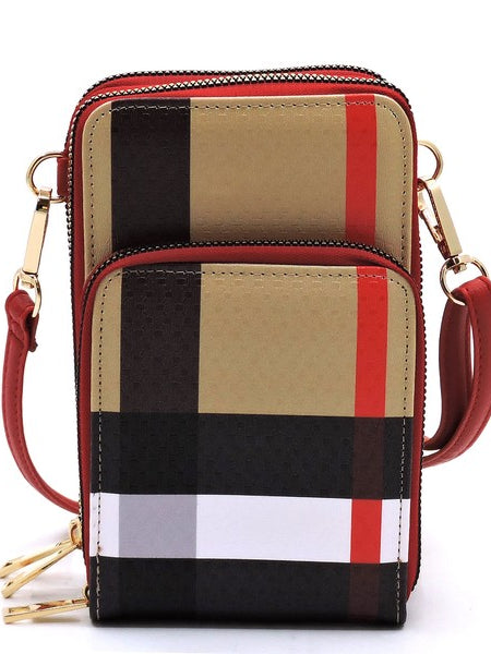 Babe Beachwear plaid crossbody bag for women with red strap and multiple zippered compartments