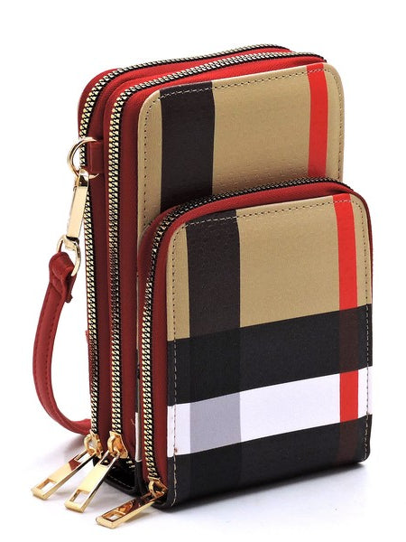 Babe Beachwaer plaid crossbody bag for women with multiple zip compartments and red trim