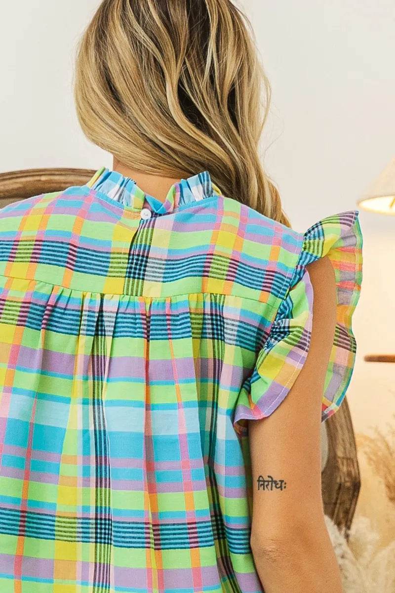 Trendsi colorful plaid vacation tops women in pastel blue yellow and pink with ruffle sleeves