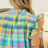 Trendsi colorful plaid vacation tops women in pastel blue yellow and pink with ruffle sleeves