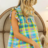 Trendsi plaid vacation tops women in bright yellow blue and pink with ruffle sleeves styled with white shorts