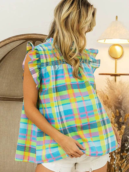 Trendsi plaid vacation tops women in pastel colors with ruffle sleeves and relaxed fit