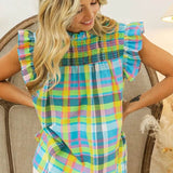 Trendsi plaid vacation tops women blue yellow and pink checkered sleeveless shirt with ruffle sleeves