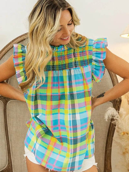 Trendsi plaid vacation tops women blue yellow and pink checkered sleeveless shirt with ruffle sleeves