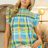 Trendsi plaid vacation tops women in bright pastel colors with ruffled sleeves and smocked neckline