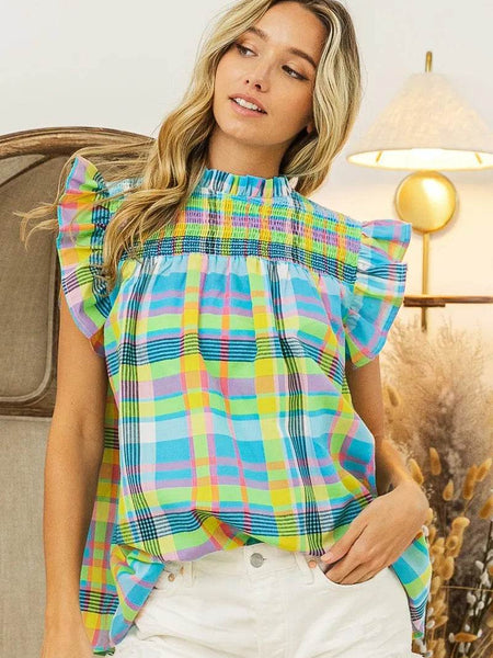 Trendsi plaid vacation tops women in bright pastel colors with ruffled sleeves and smocked neckline