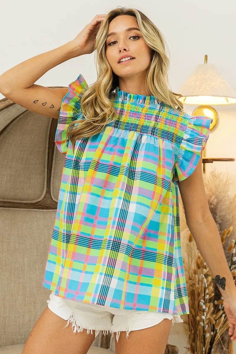 Trendsi plaid vacation tops women colorful sleeveless shirt with ruffle details
