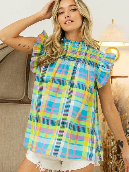 Trendsi plaid vacation tops women colorful sleeveless shirt with ruffle details