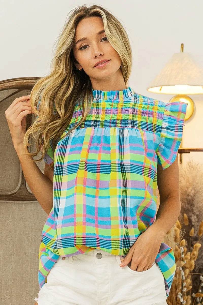 Trendsi plaid vacation tops women in bright pastel colors with smocked neckline and flutter sleeves