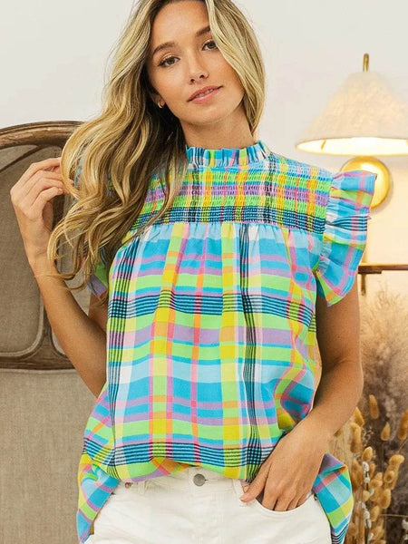 Trendsi plaid vacation tops women in bright pastel colors with smocked neckline and flutter sleeves