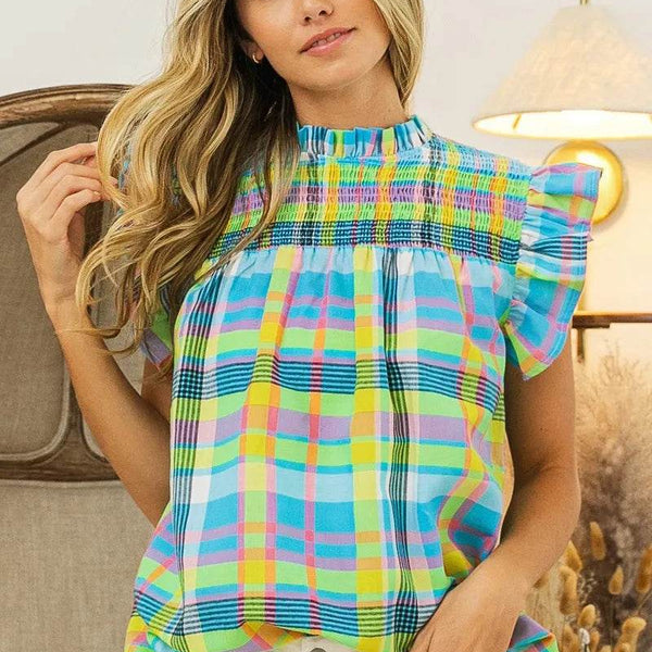 Trendsi plaid vacation tops women in bright pastel colors with smocked neckline and flutter sleeves