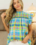 Trendsi plaid vacation tops women in bright pastel colors with smocked neckline and flutter sleeves