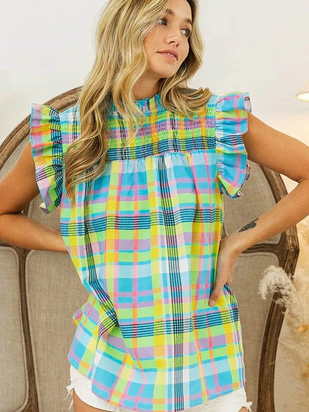 Trendsi colorful plaid vacation tops women with ruffled sleeves and relaxed fit shirt