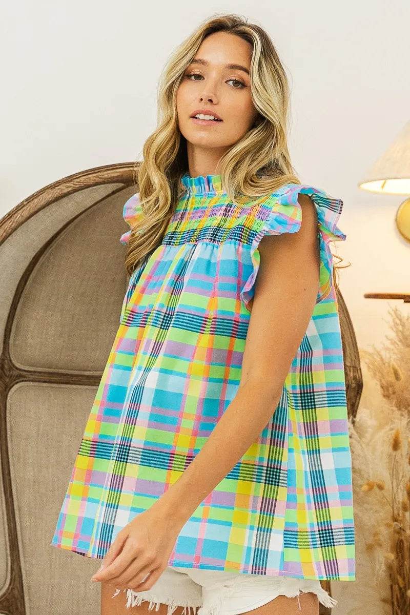 Trendsi plaid vacation tops women multicolor sleeveless ruffle shirt perfect for summer trips