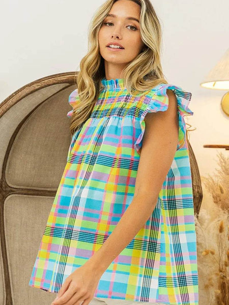 Trendsi plaid vacation tops women multicolor sleeveless ruffle shirt perfect for summer trips