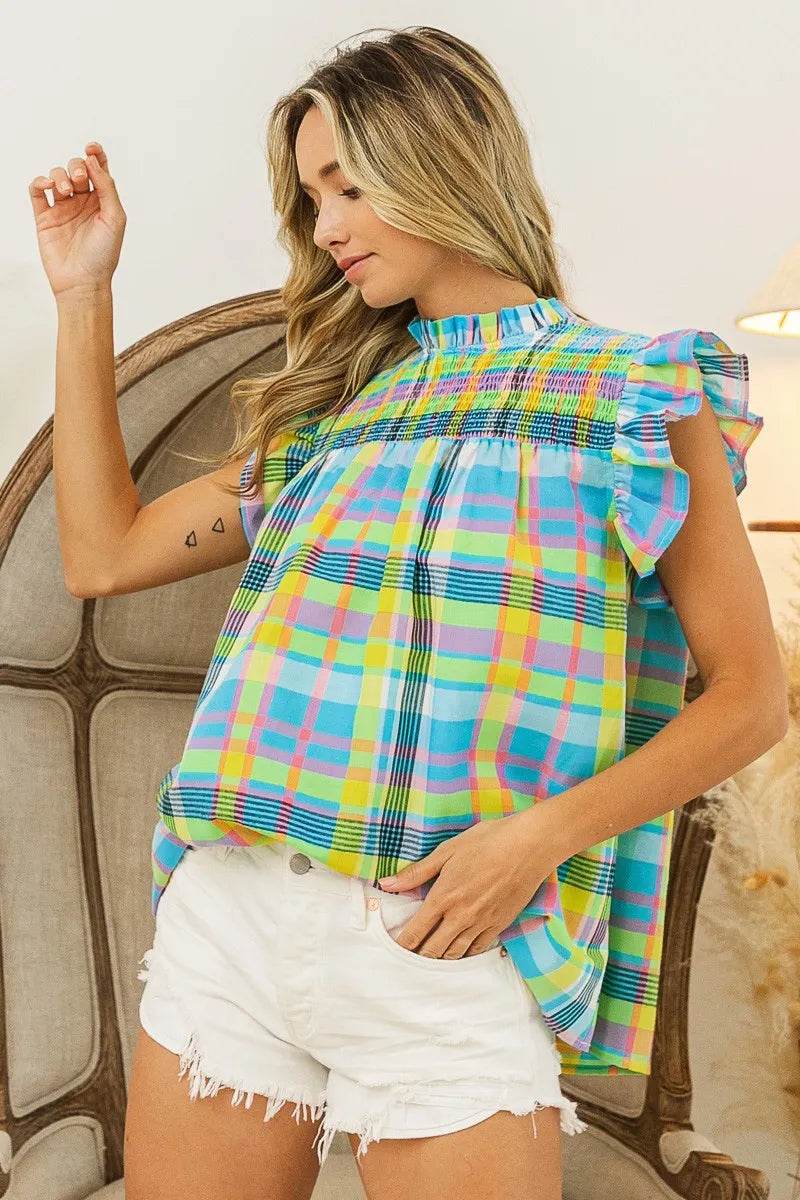Trendsi plaid vacation tops women sleeveless multicolor ruffle shirt with white shorts