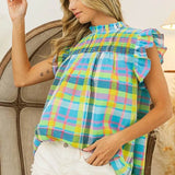 Trendsi plaid vacation tops women sleeveless multicolor ruffle shirt with white shorts