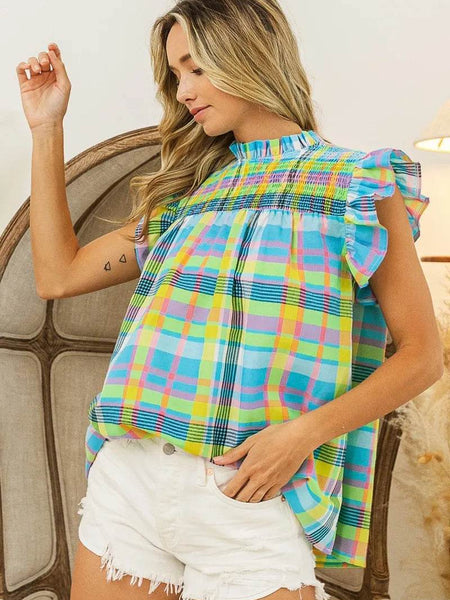 Trendsi plaid vacation tops women sleeveless multicolor ruffle shirt with white shorts