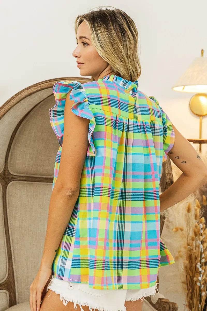 Trendsi colorful plaid vacation tops women with ruffled sleeves and lightweight fabric for summer