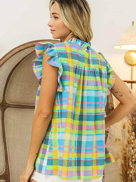 Trendsi colorful plaid vacation tops women with ruffled sleeves and lightweight fabric for summer
