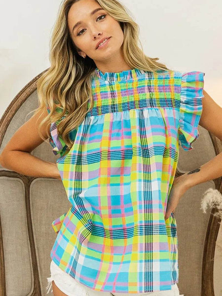 Trendsi colorful plaid vacation tops women with ruffled sleeves and smocked yoke detail