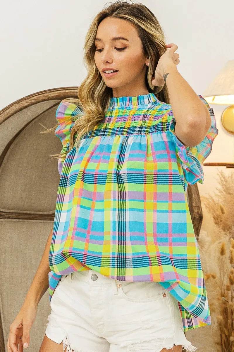 Trendsi plaid vacation tops women in vibrant pastel colors with ruffle short sleeves