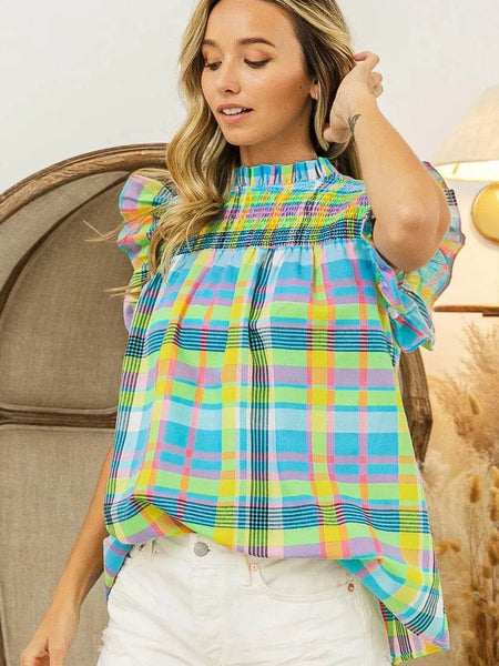 Trendsi plaid vacation tops women in vibrant pastel colors with ruffle short sleeves