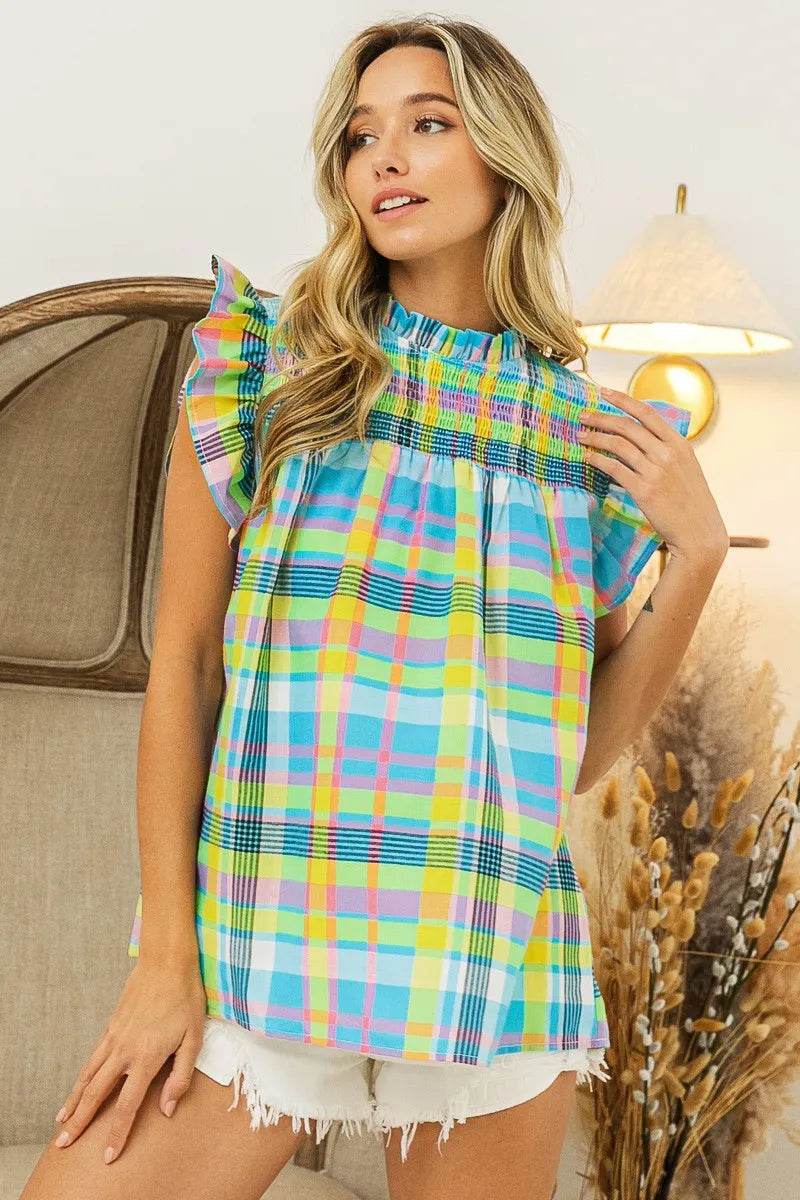 Plaid vacation tops women in bright blue yellow and pink colors with ruffle sleeves by Trendsi