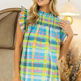Plaid vacation tops women in bright blue yellow and pink colors with ruffle sleeves by Trendsi