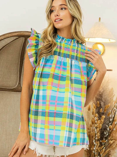 Plaid vacation tops women in bright blue yellow and pink colors with ruffle sleeves by Trendsi