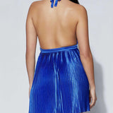 Babe Beachwear pleated halter mini cocktail dress in shiny blue with open back design