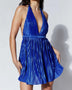 Babe Beachwear pleated halter mini cocktail dress in shiny blue with deep neckline and fitted waist