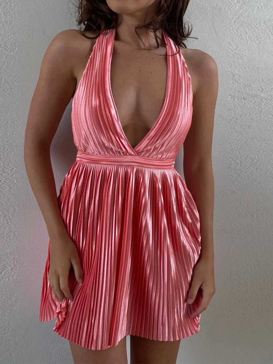 Babe Beachwear pleated halter mini cocktail dress in shiny pink fabric with deep v neckline