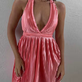 Babe Beachwear pleated halter mini cocktail dress in shiny pink fabric with deep v neckline