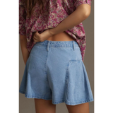 Trendsi pleated wide leg denim shorts in light blue with back pocket detail