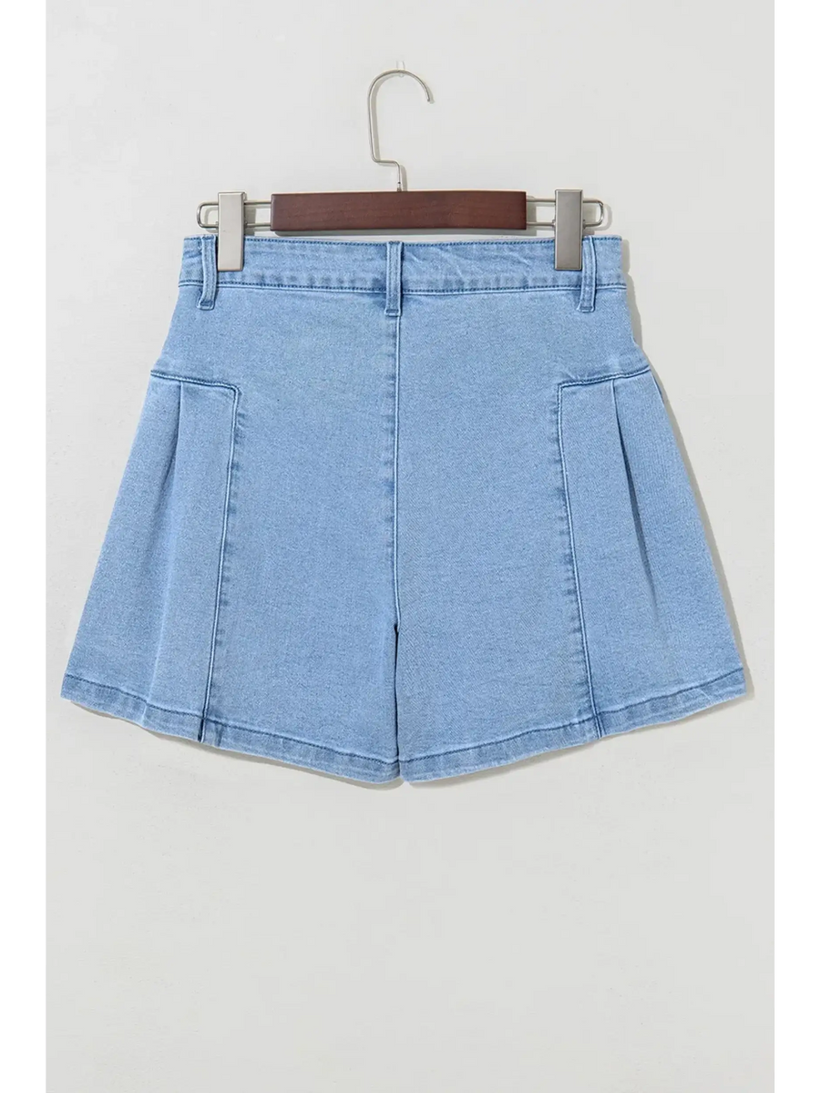 Trendsi pleated wide leg denim shorts in light blue wash with front pockets and high waist