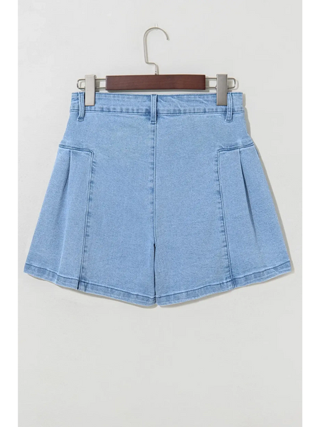 Trendsi pleated wide leg denim shorts in light blue wash with front pockets and high waist