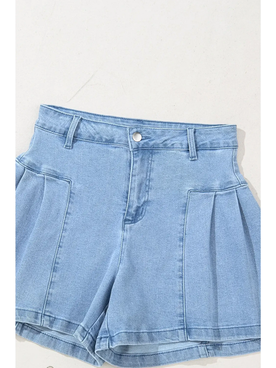 Trendsi pleated wide leg denim shorts in light blue with front pockets and belt loops