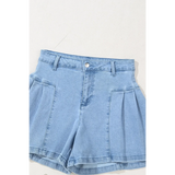 Trendsi pleated wide leg denim shorts in light blue with front pockets and belt loops