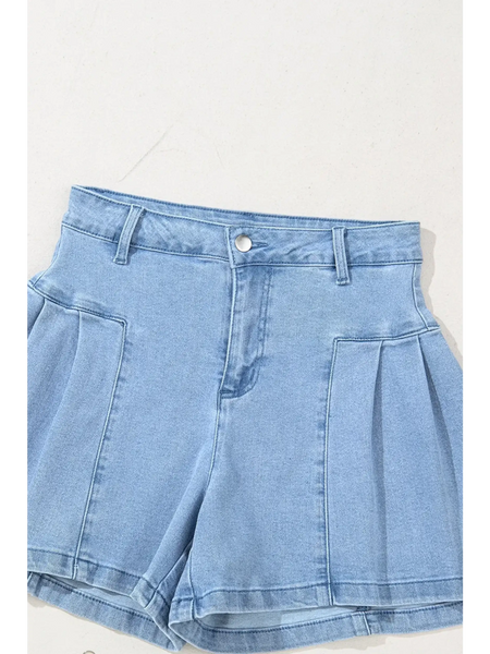 Trendsi pleated wide leg denim shorts in light blue with front pockets and belt loops