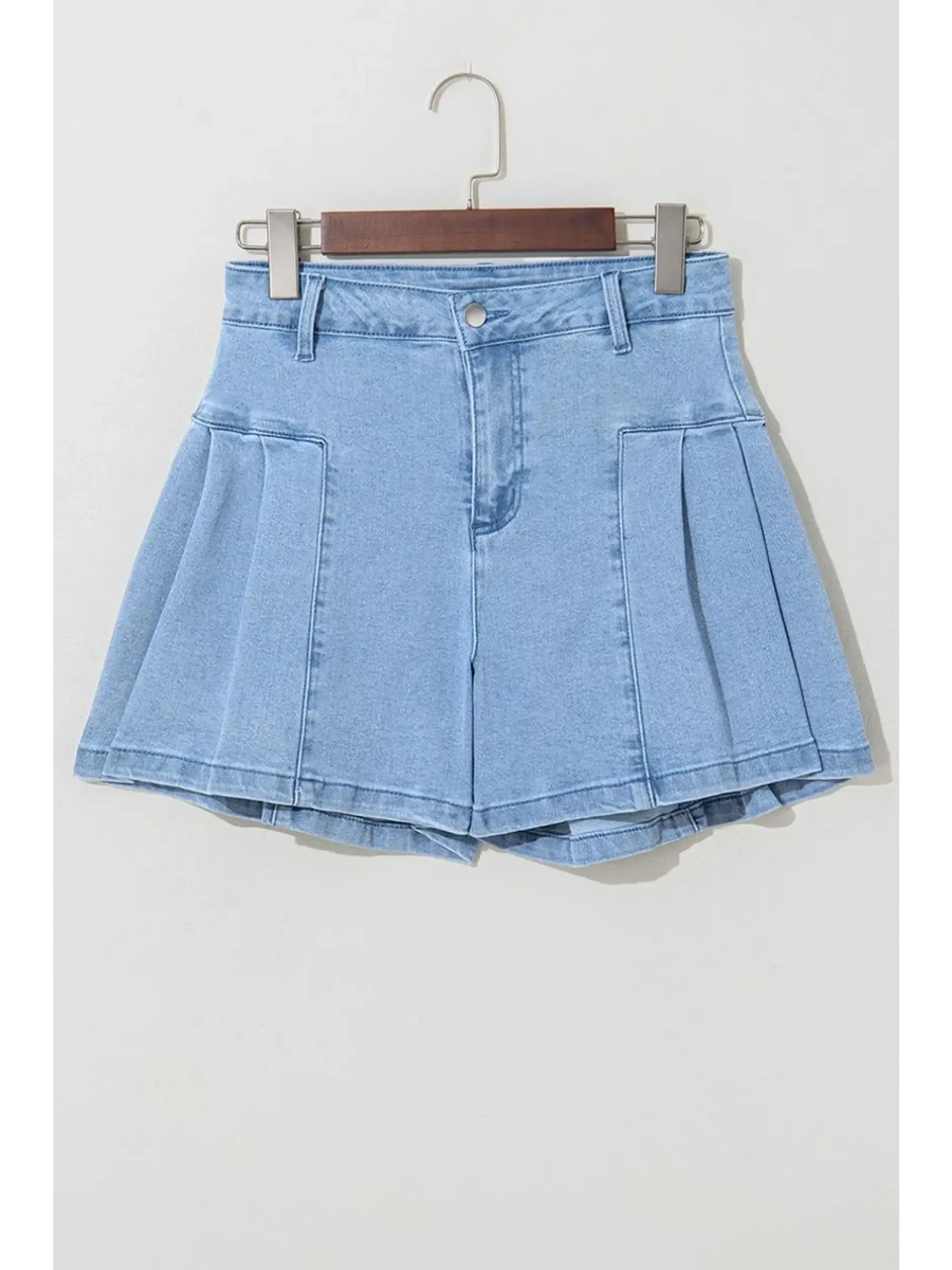 Trendsi pleated wide leg denim shorts in light blue with high waist and front button closure