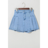 Trendsi pleated wide leg denim shorts in light blue with high waist and front button closure