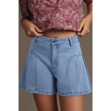 Trendsi pleated wide leg denim shorts in light blue with front pockets and button closure