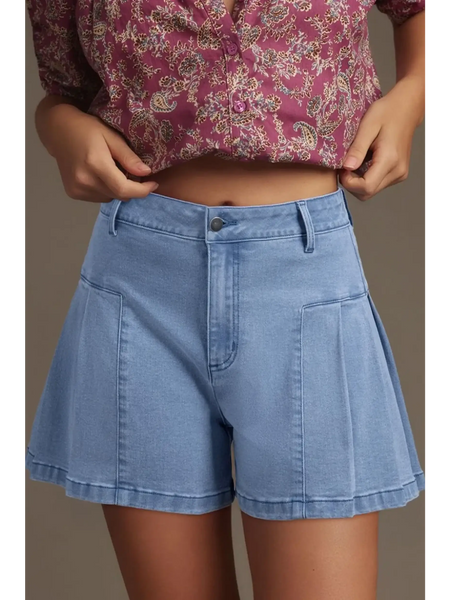 Trendsi pleated wide leg denim shorts in light blue with front pockets and button closure