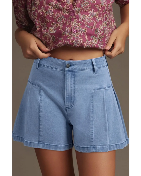 Trendsi pleated wide leg denim shorts in light blue with front pockets and button closure