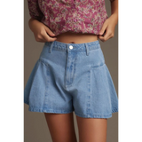 Trendsi pleated wide leg denim shorts in light blue worn with a floral button-up shirt