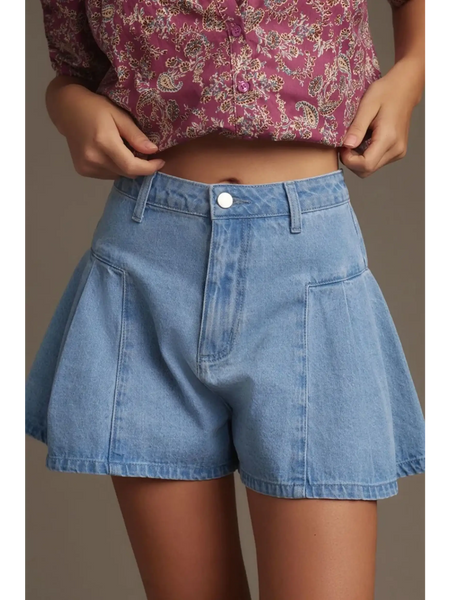 Trendsi pleated wide leg denim shorts in light blue worn with a floral button-up shirt